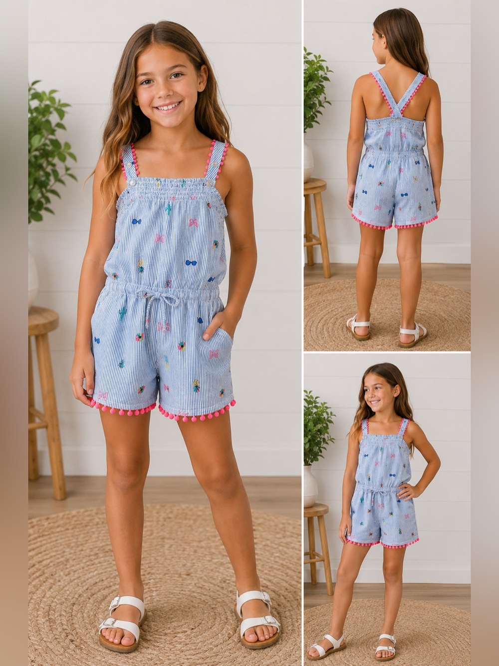 Tommy Hilfiger Girls Seersucker Pom Pom Romper Size 7